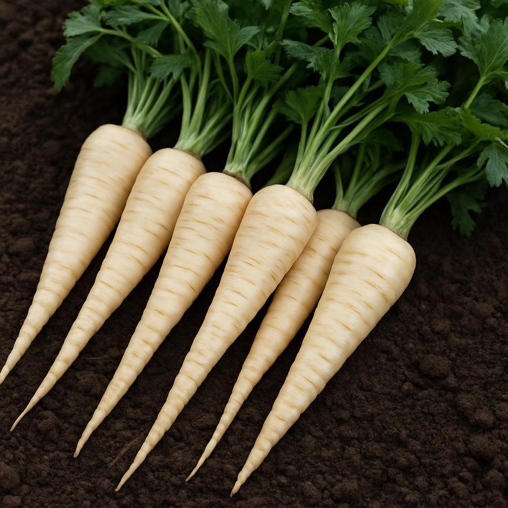 Freshly harvested Turga parsnips showing long smooth cream roots and foliage