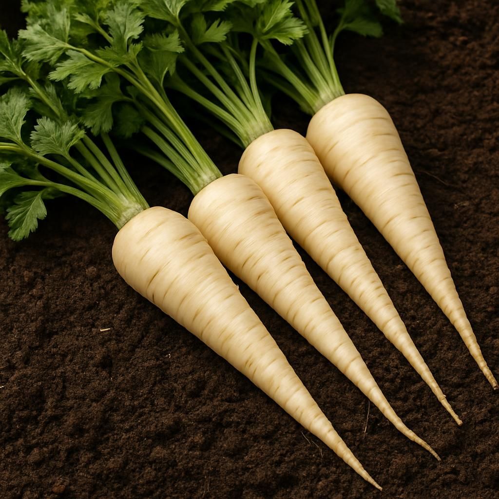 Freshly harvested White Gem parsnips showing smooth roots and green tops