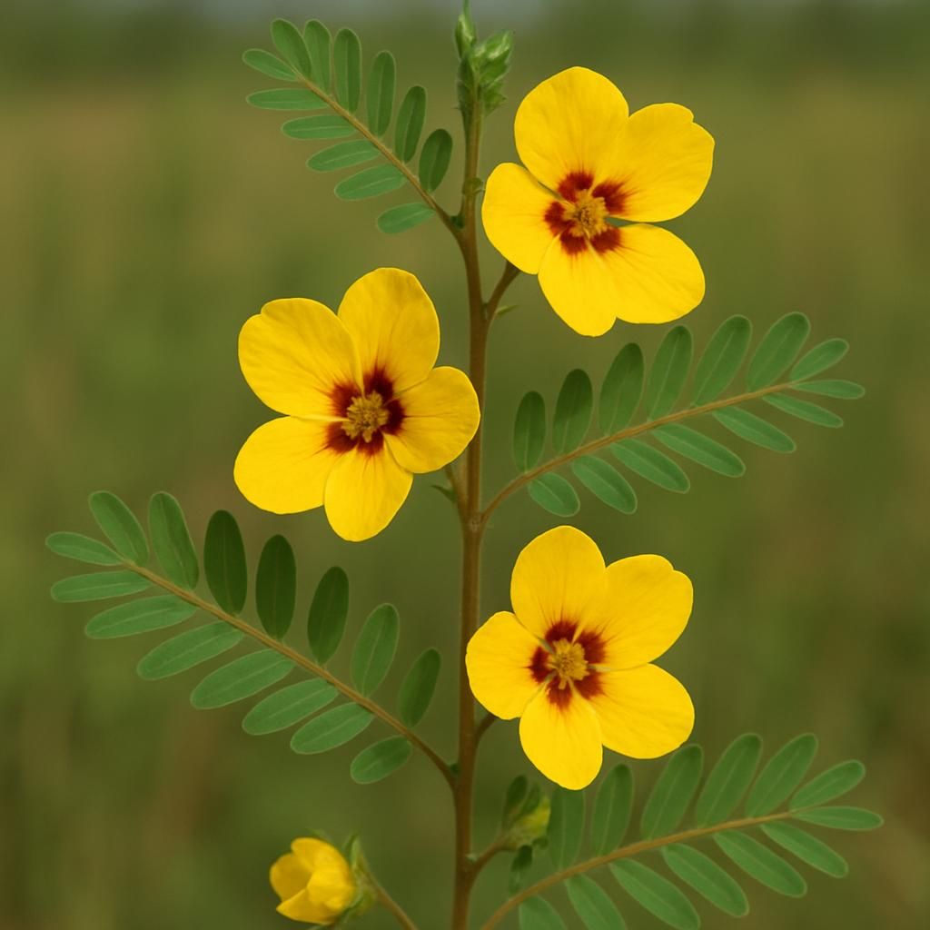 Close-up of vibrant yellow partridge pea flowers and compound leaves in a sunny field