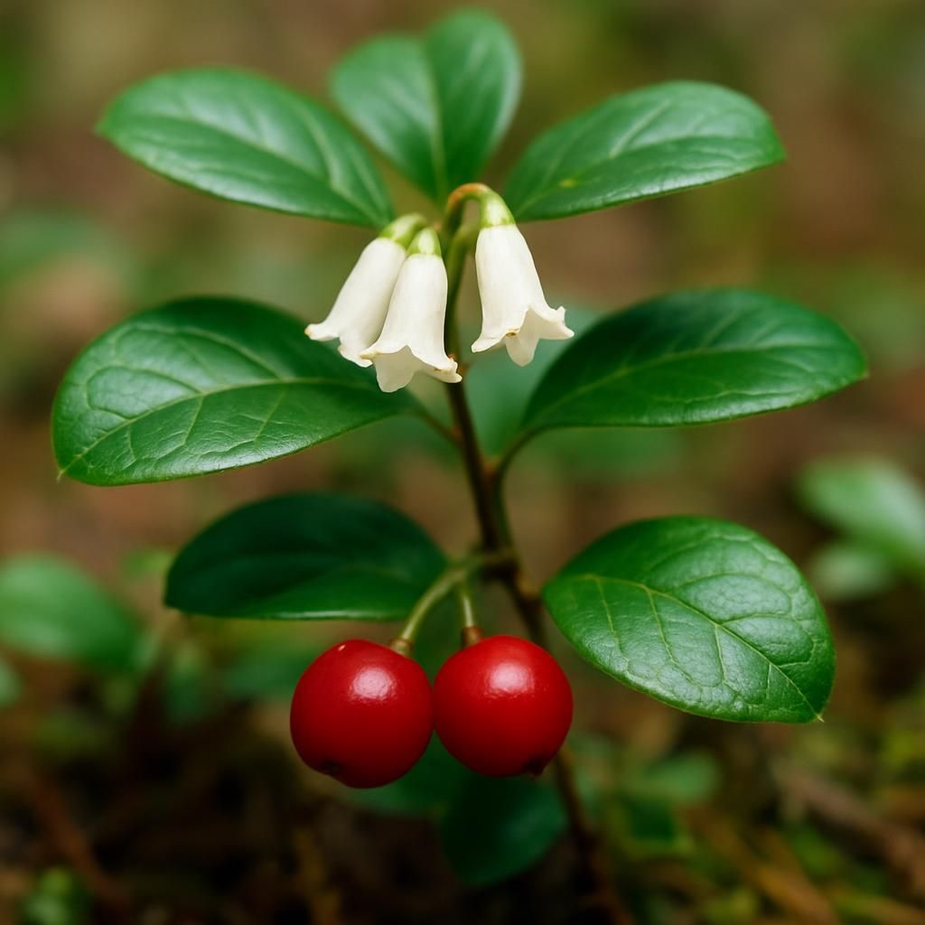 Close-up of partridgeberry plant with glossy leaves, white flowers, and red berries in shaded woodland setting