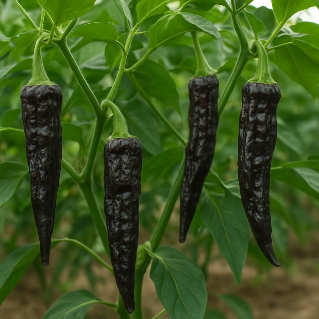 Close-up of dark wrinkled Pasilla Bajio peppers growing on healthy green plant in garden