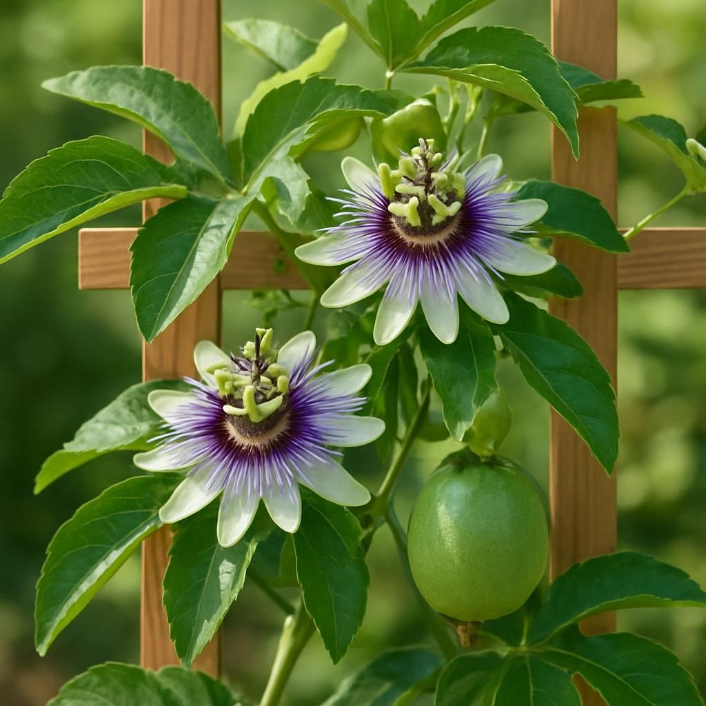 Close-up of passionflower vine with purple-white blooms and young fruit growing on trellis