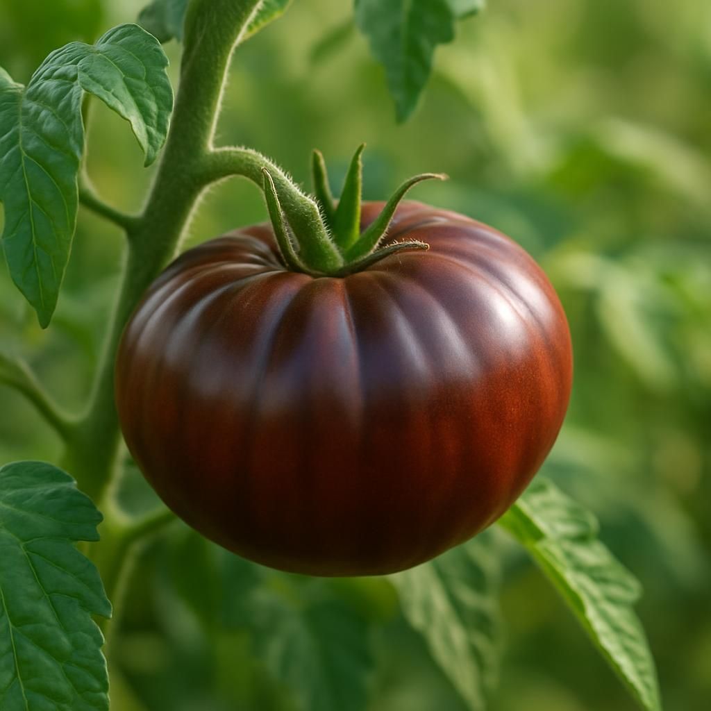 Ripe Paul Robeson heirloom tomato showing rich dark color on the vine