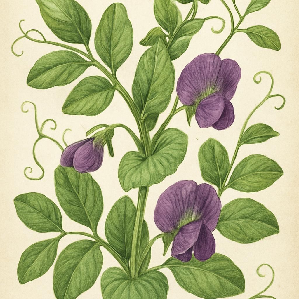 Close-up of Austrian Winter Pea plant with purple flowers and green foliage.