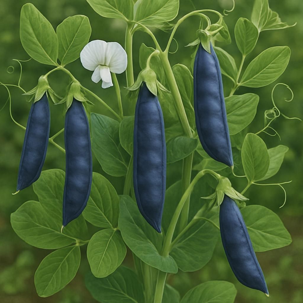 Close-up of Blue Podded Desiree pea plants with vibrant blue-purple pods in garden.