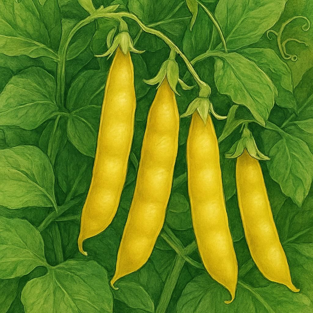 Close-up of vibrant Golden Sweet Snow pea pods against lush green foliage.