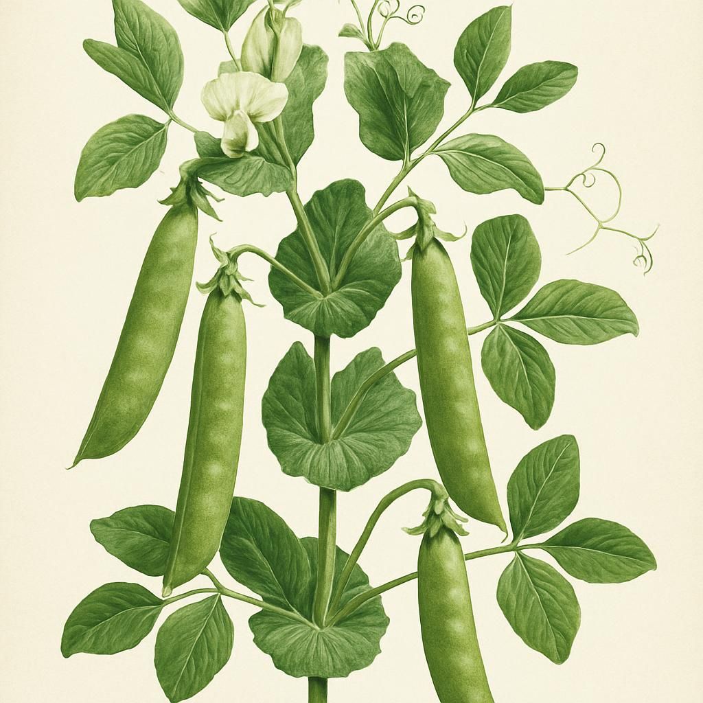 Close-up of Green Arrow pea plant with lush green pods.