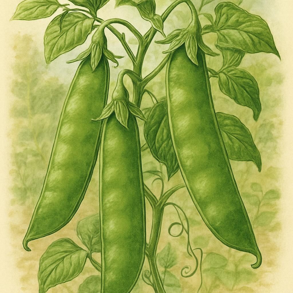 Close-up of vibrant green 'Oregon Giant' snow pea pods on a vine.