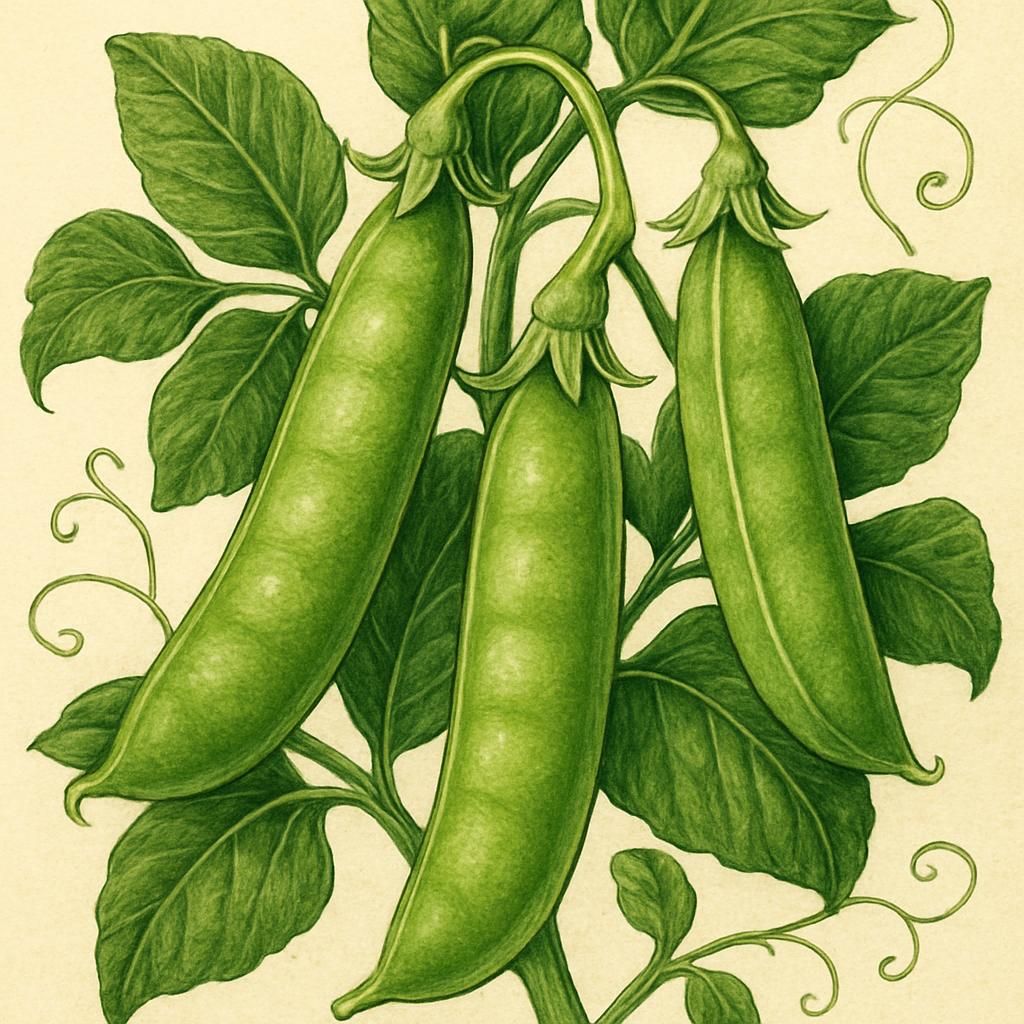 Close-up of vibrant sugar snap pea pods from the 'Cascadia' variety on a vine.