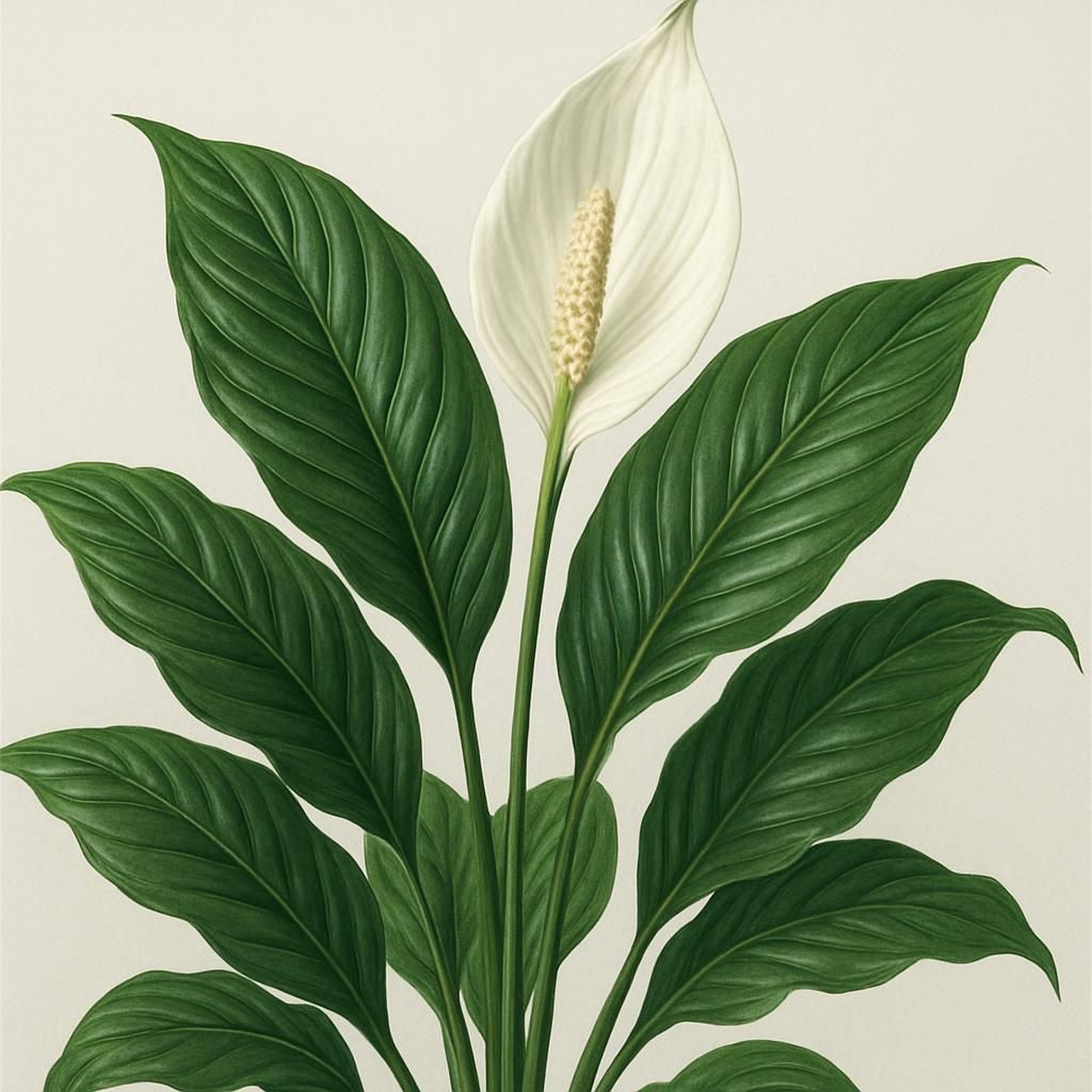 Close-up of peace lily with white spathe and glossy green foliage on neutral background