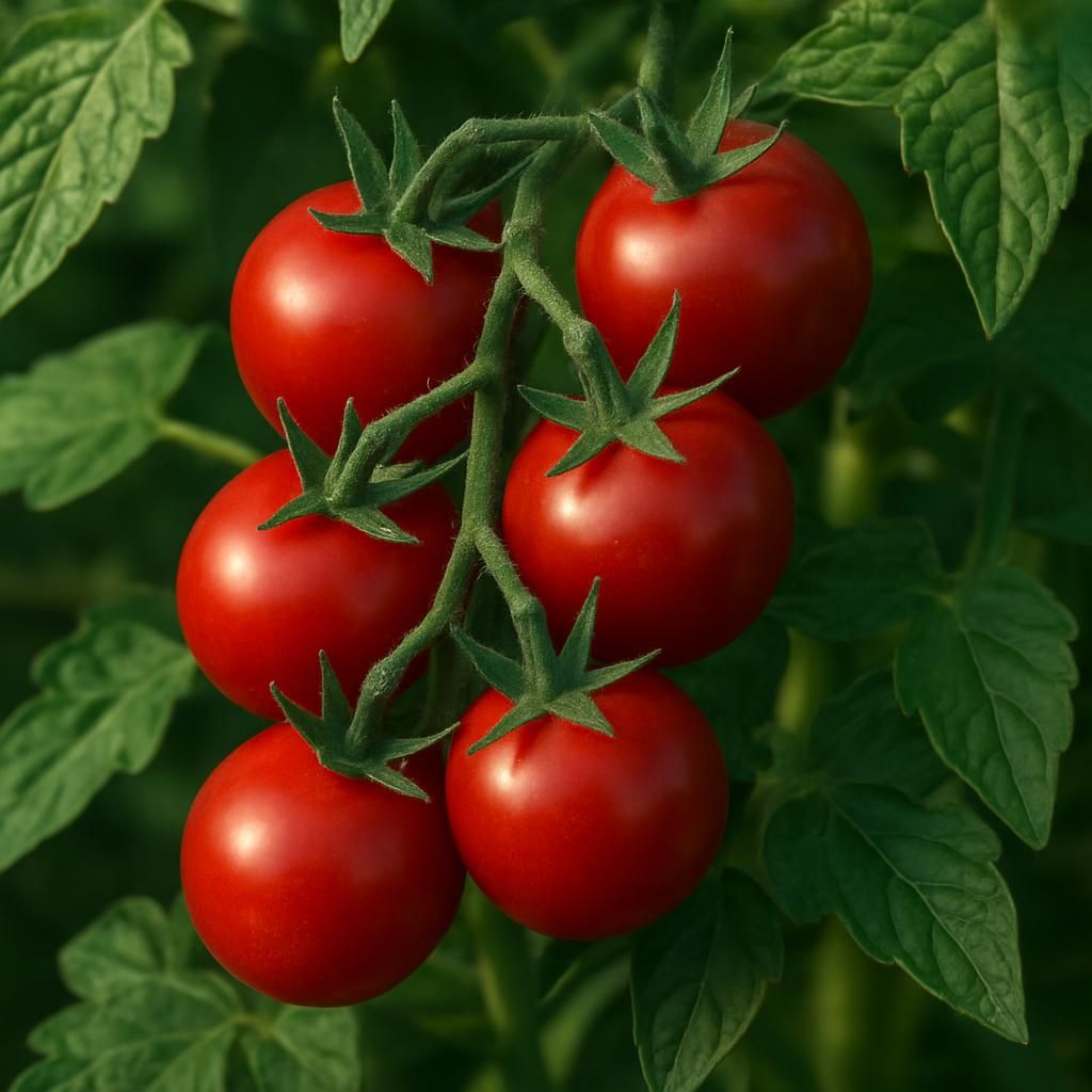 Ripe Peacevine cherry tomatoes growing on healthy vine with green leaves in sunlight