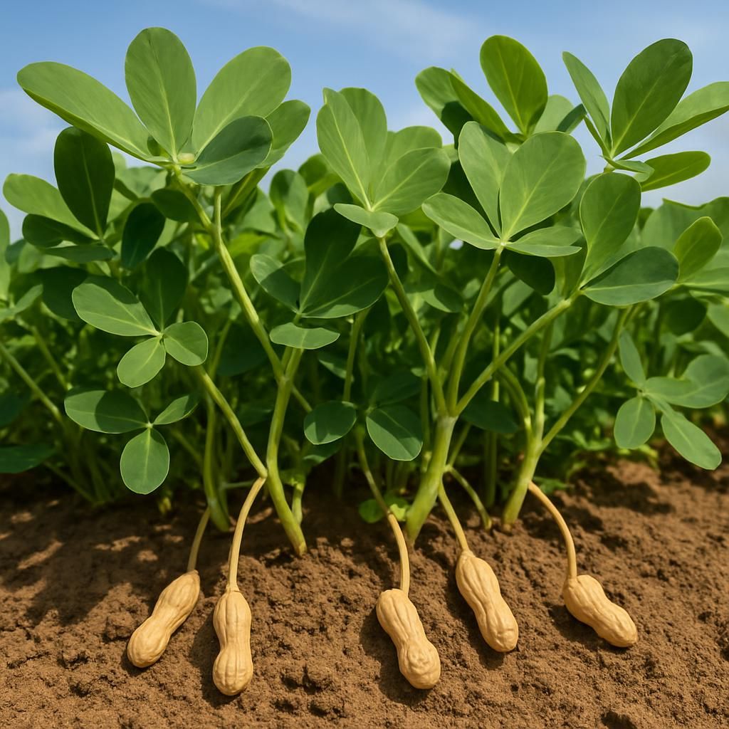 Runner peanut plants showing pegs and pods developing in well-drained sandy soil under clear skies