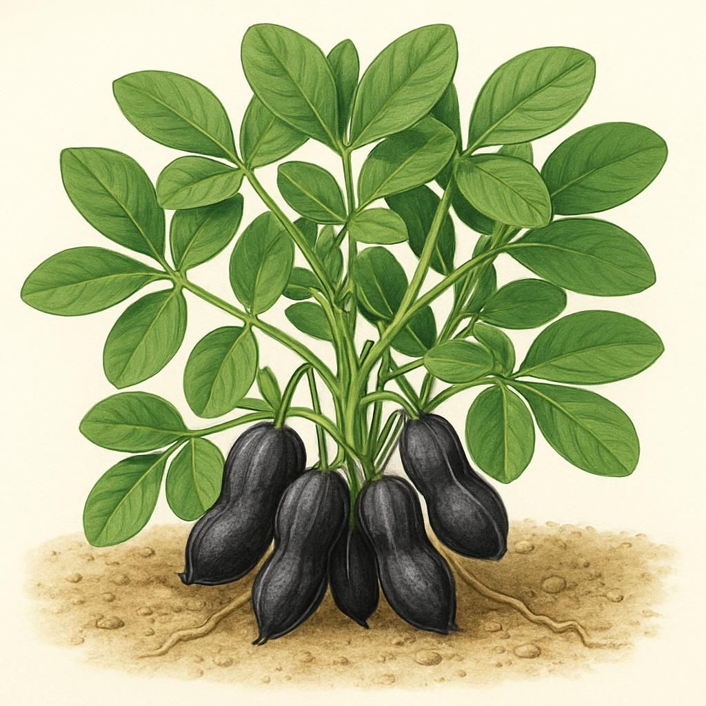 Close-up of Schronce’s Deep Black peanuts showing dark seed coats and healthy pods in garden soil