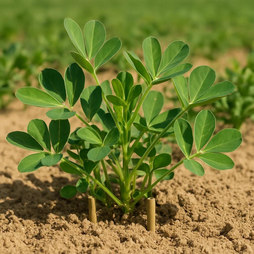 Close-up of Spanish peanut plants showing pegs and pods in sandy soil under clear daylight