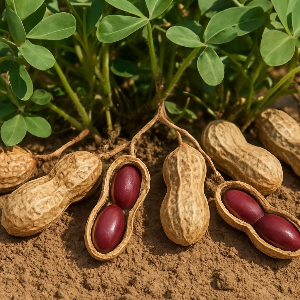 Close-up of Tennessee Red peanuts showing deep red seed coats in open pods on sandy soil