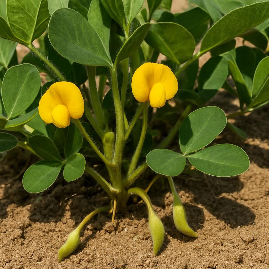 Valencia peanut plants showing yellow flowers and pegs in sandy loam soil