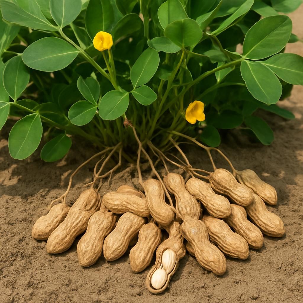Close-up of Virginia Jumbo peanut plants with large pods and kernels in sandy soil