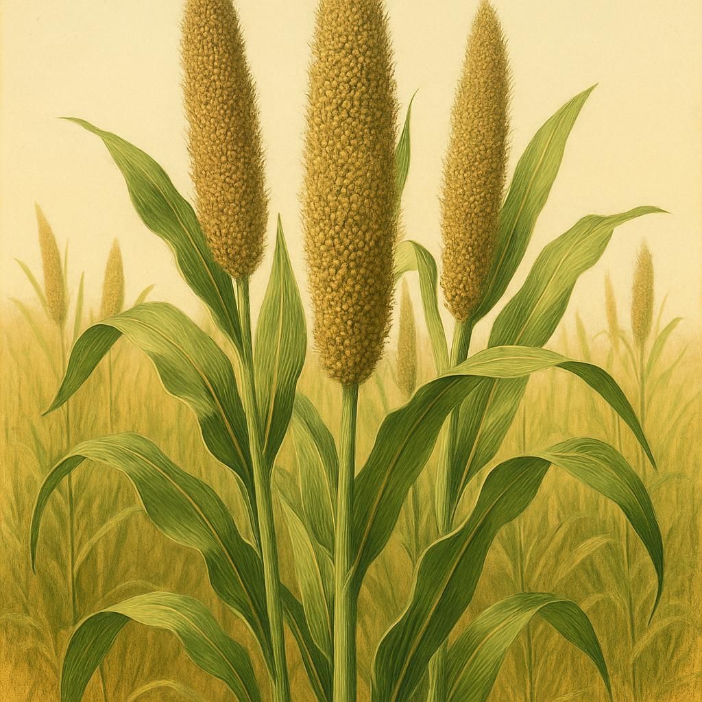 Pearl Millet (Bajra - ICTP 8203) with mature grain heads in a sunlit field.