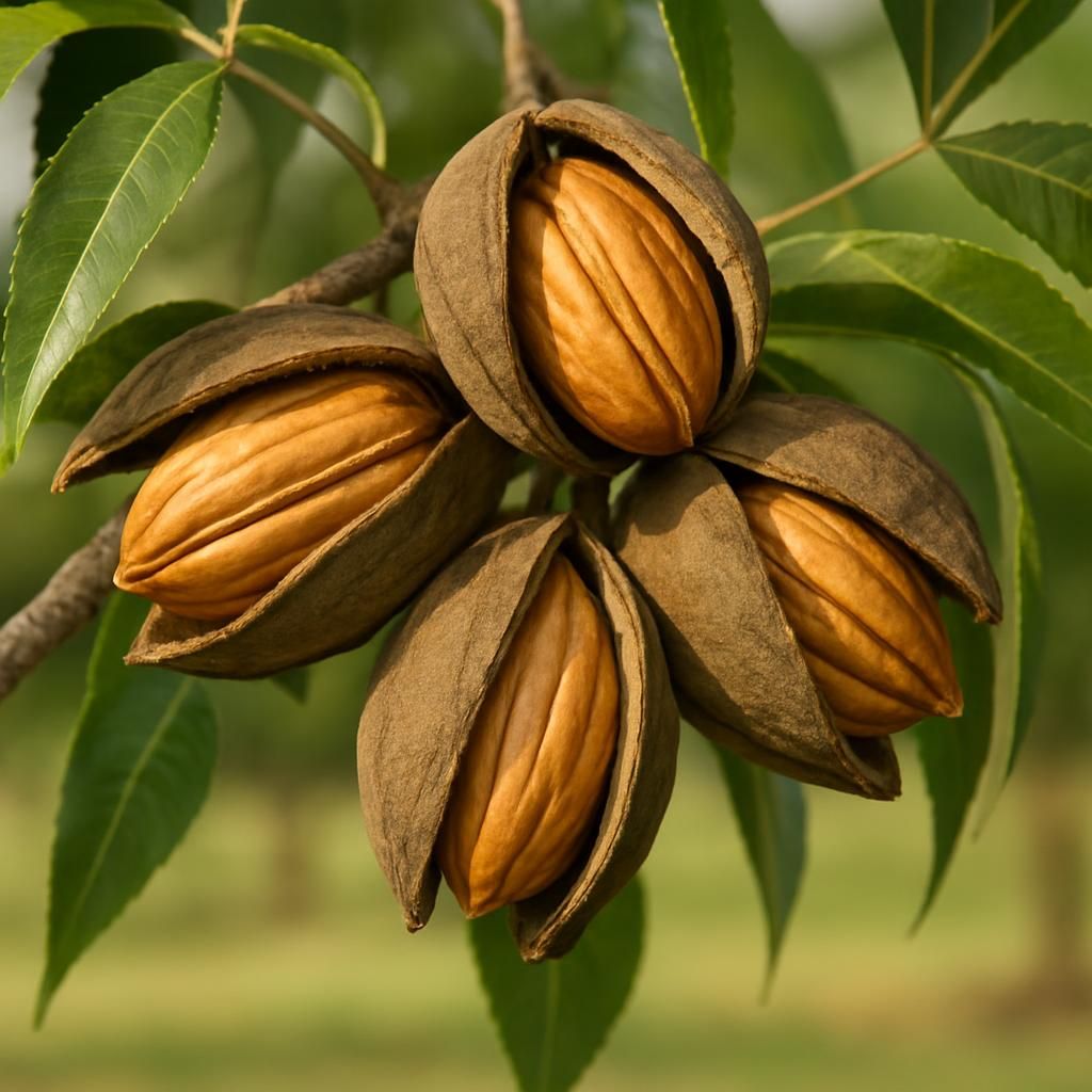 Close-up of Caddo pecans showing thin shells and golden kernels in open shucks on the tree