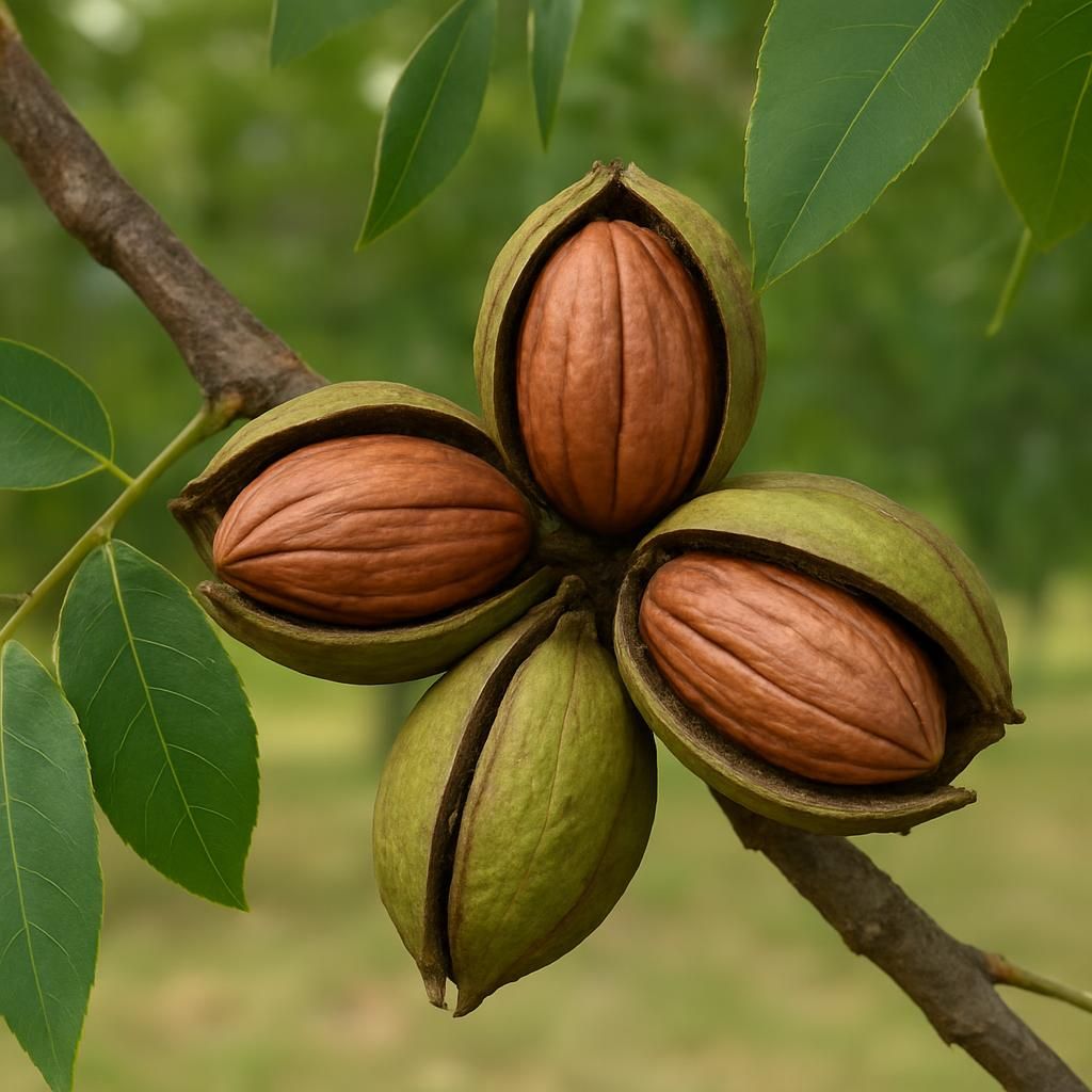 Close-up of Cape Fear pecans in split shucks on tree branch ready for harvest