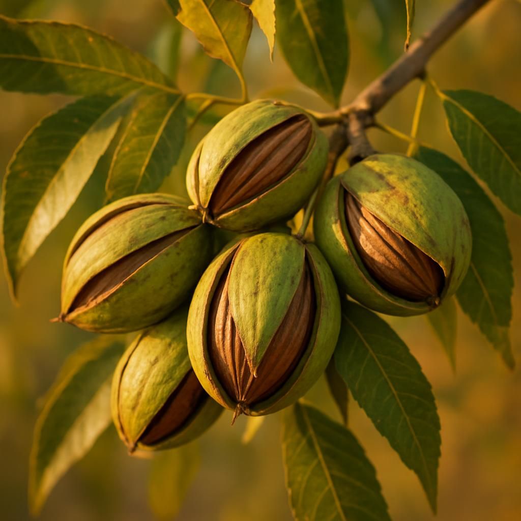 Close-up of Desirable pecans on tree showing large nuts with split shucks ready for harvest