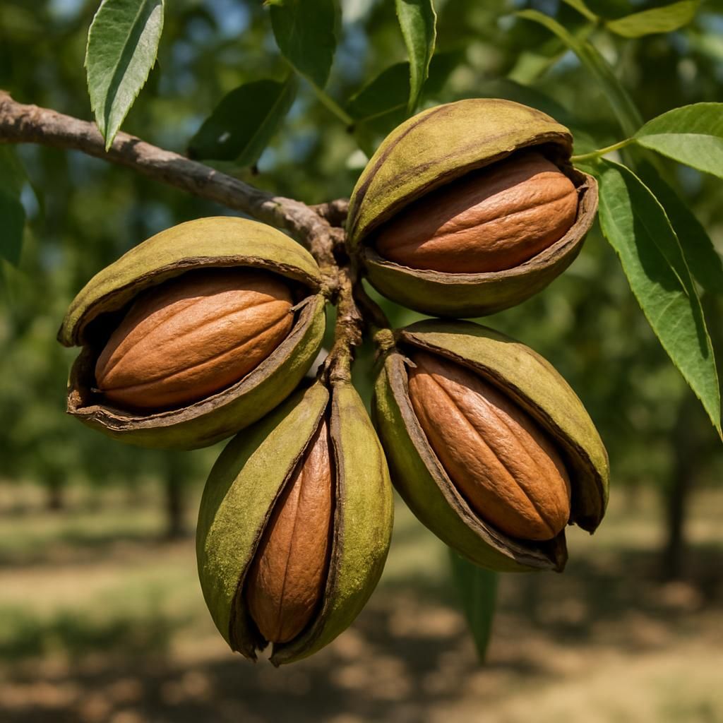 Close-up of ripe Elliott pecans in split husks on tree branch ready for harvest