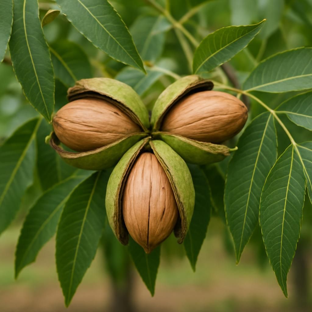 Ripe Kiowa pecans on tree with split shucks and large kernels in natural daylight