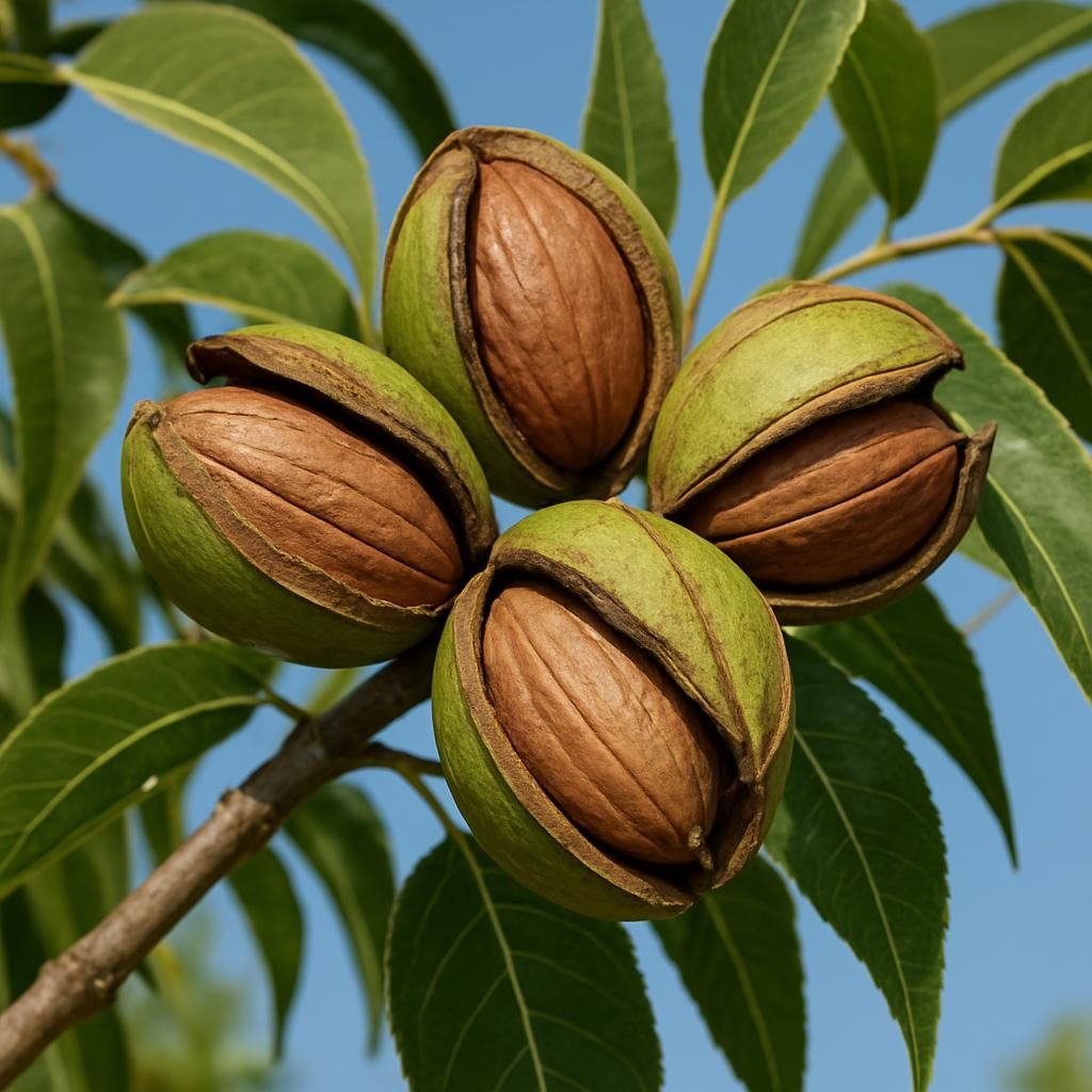 Close-up of large Stuart pecan nuts in open shucks on tree ready for harvest