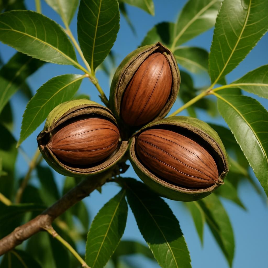 Close-up of Sumner pecan nuts in split shucks on tree with green leaves