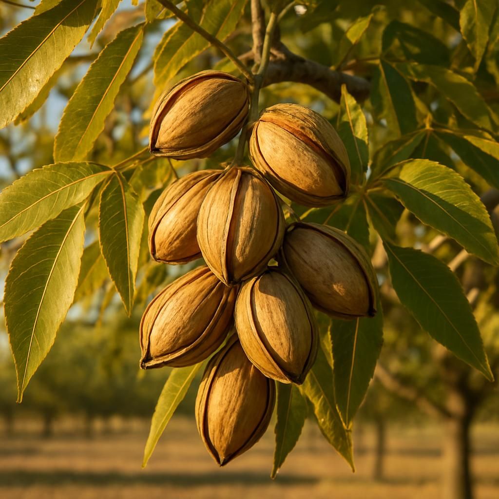 Close-up of Wichita pecan nuts on tree showing thin shells and golden kernels ready for harvest