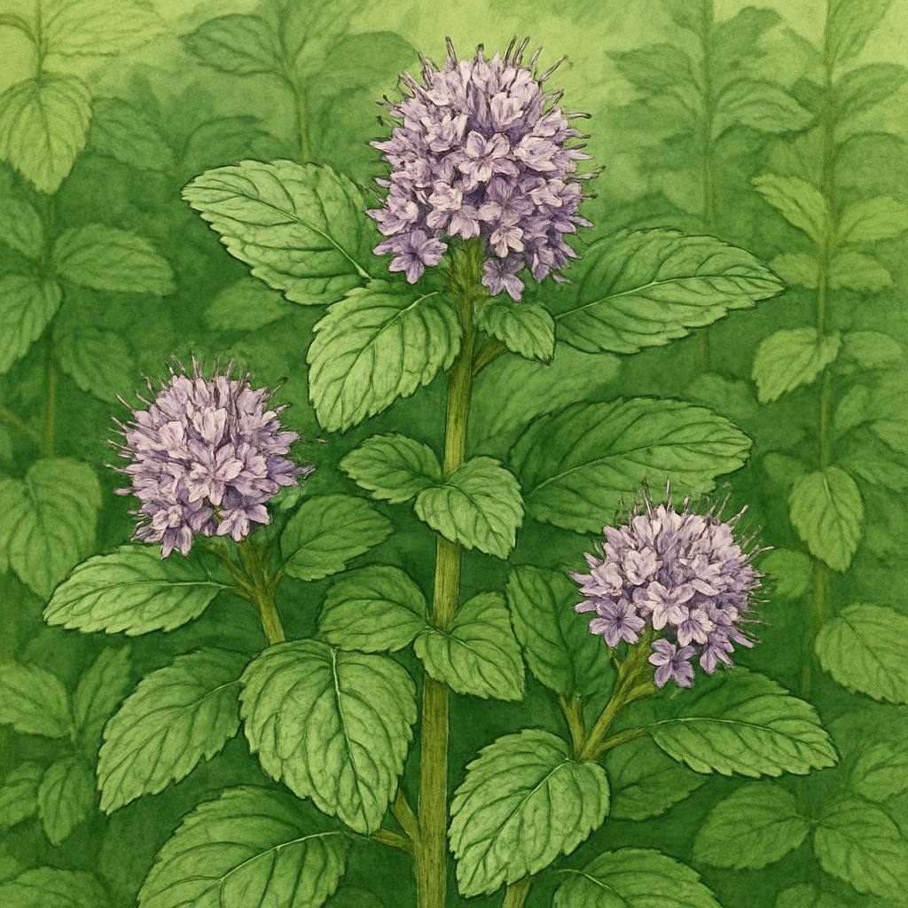 Close-up of English Pennyroyal with vibrant green leaves and lilac flowers.