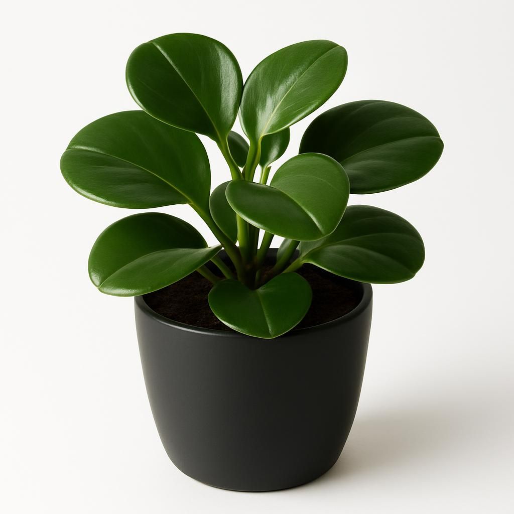 Close-up of lush Peperomia foliage in modern black pot showcasing vibrant green leaves for indoor plant guide.