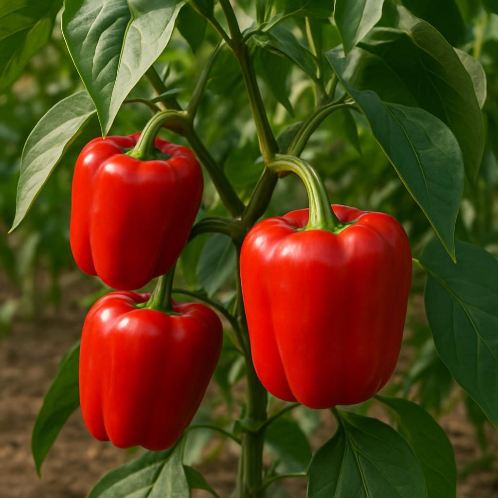 Ripe red bell peppers growing on healthy Capsicum annuum plants in a sunny garden