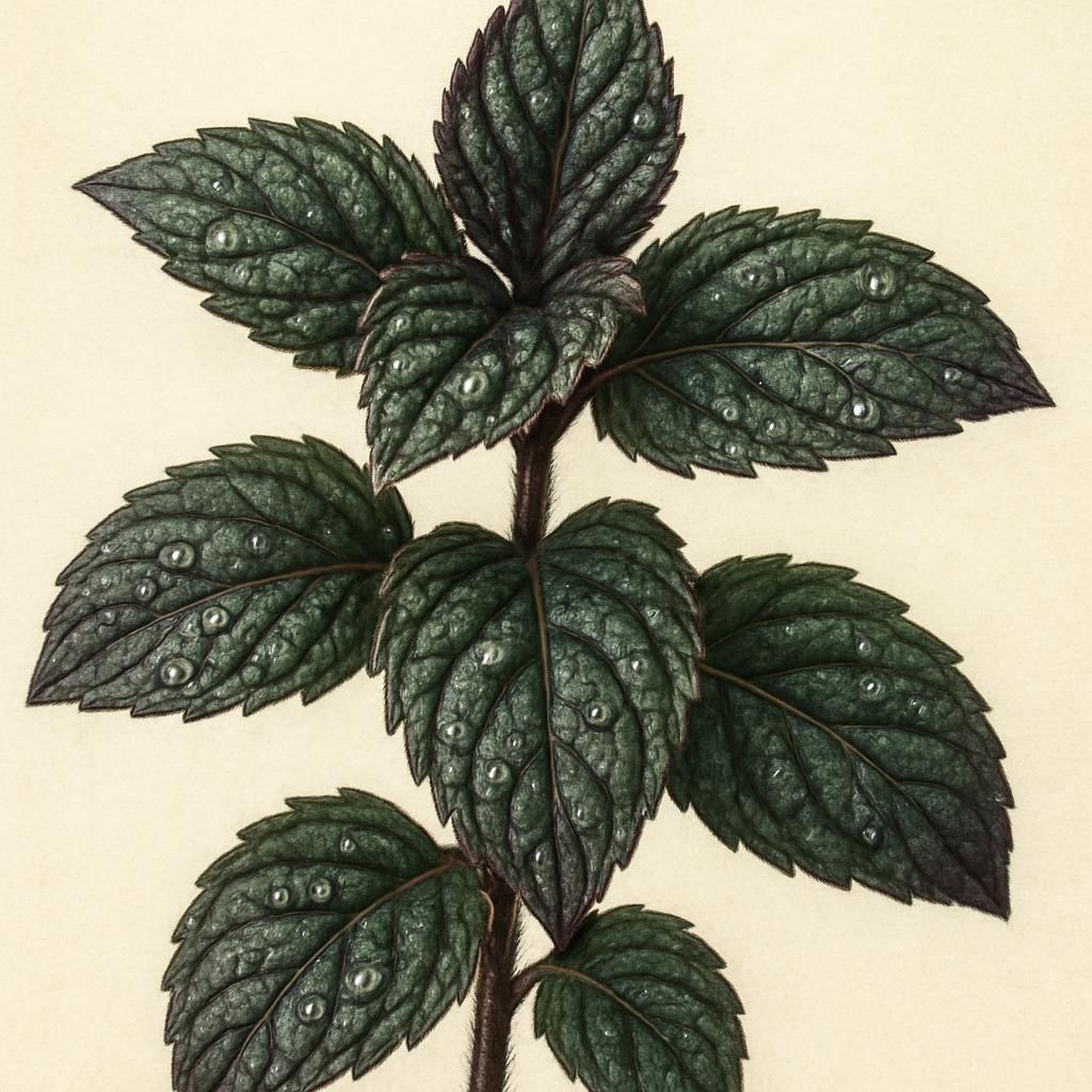 Close-up of Black Peppermint leaves, showcasing their dark, aromatic foliage.