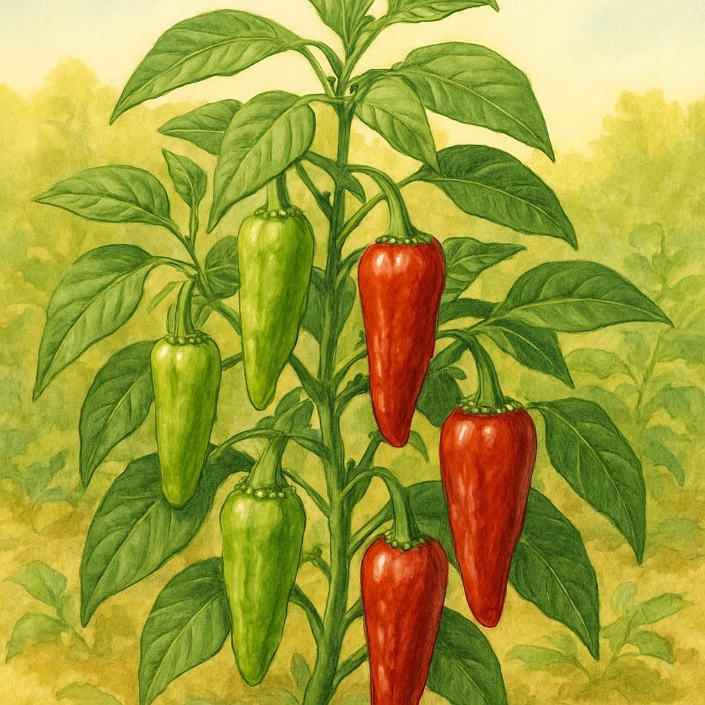 Close-up of Greek Pepperoncini plant with green and red peppers in a sunlit garden.