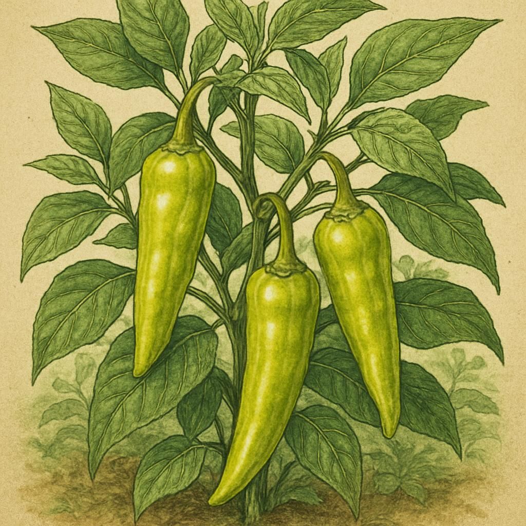 Close-up photo of Pepperoncini (Italian) plants showing peppers and foliage.