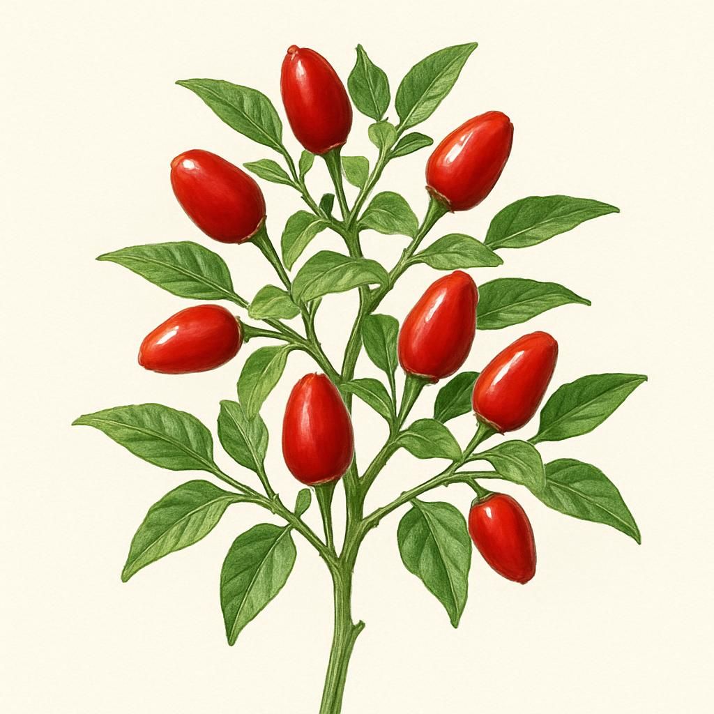 Close-up of ripe red Pequin peppers growing on a compact bushy plant