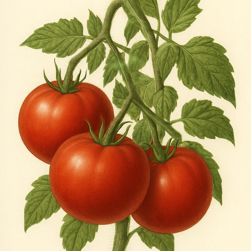 Close-up of ripe Peron Sprayless Tomatoes growing on healthy indeterminate vines in an organic garden