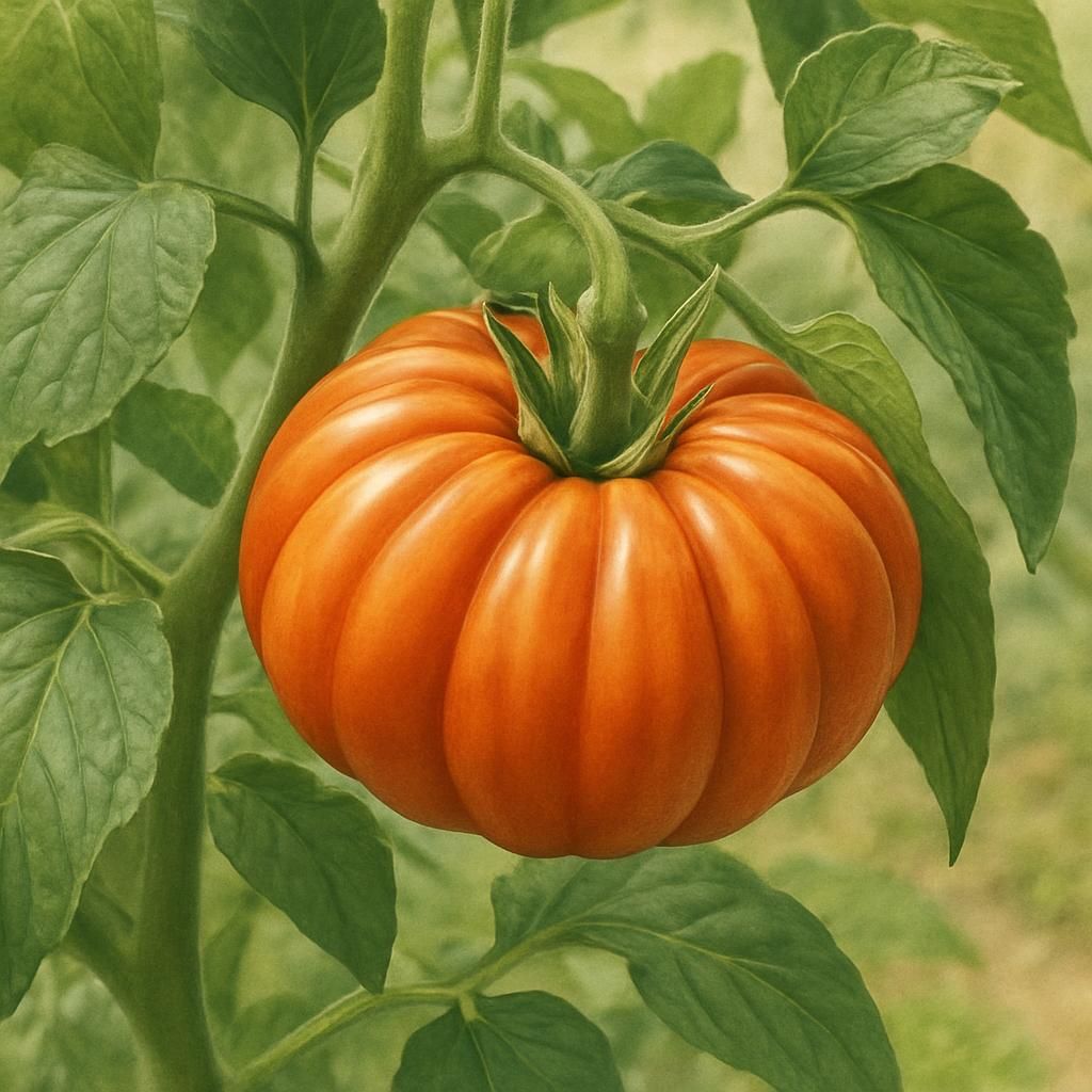 Close-up of ripe Persimmon Tomato (Heirloom) showing deep orange color and ribbed beefsteak shape on the vine