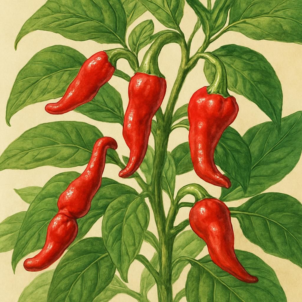 Close-up of ripe red Peter Peppers on a bushy green plant in natural sunlight.