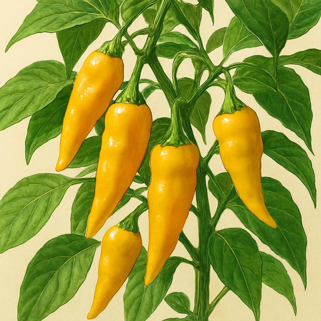 Yellow Peter Pepper plant with vibrant chili peppers in bright sunlight.