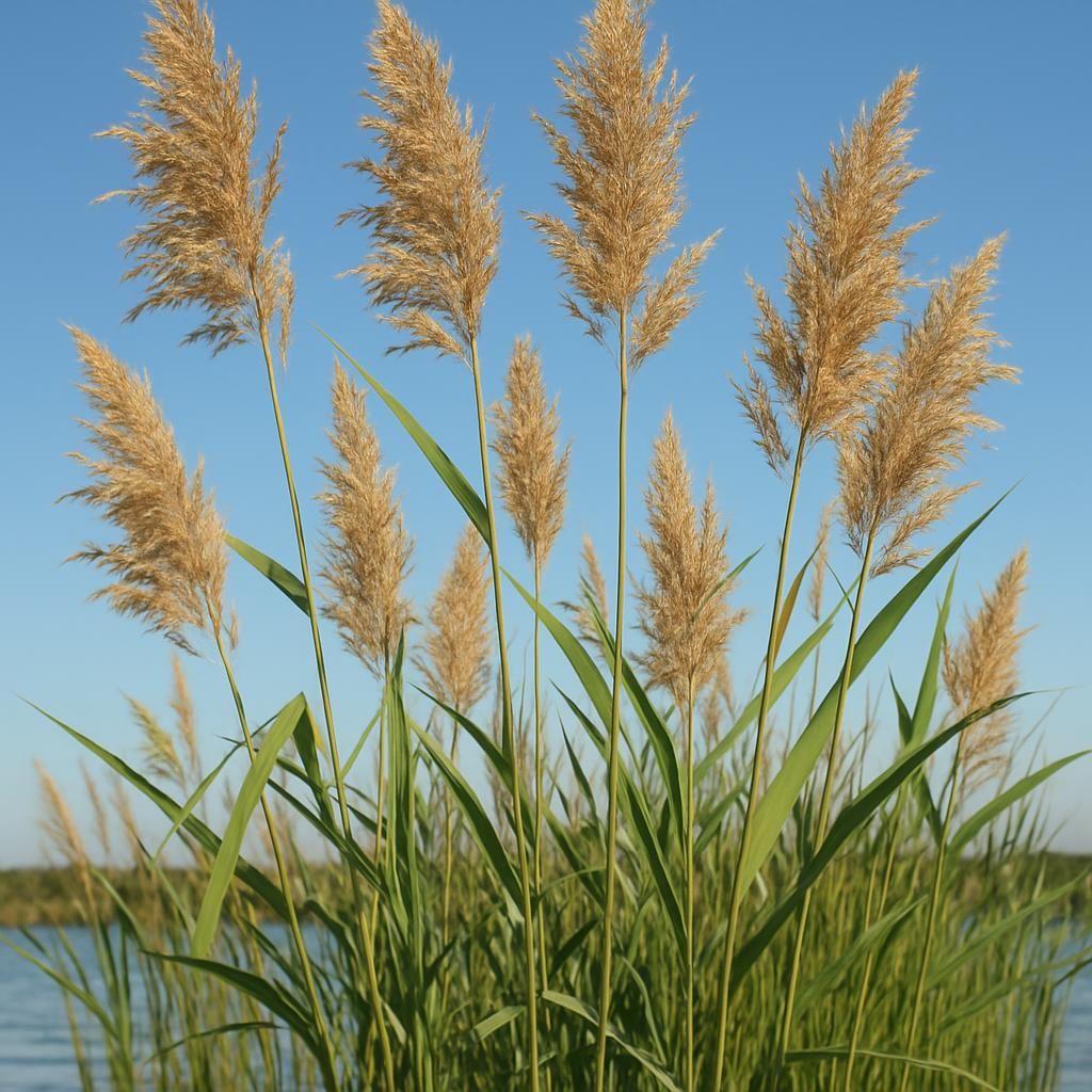 Dense stand of tall Phragmites australis reeds in wetland habitat with feathery seed heads
