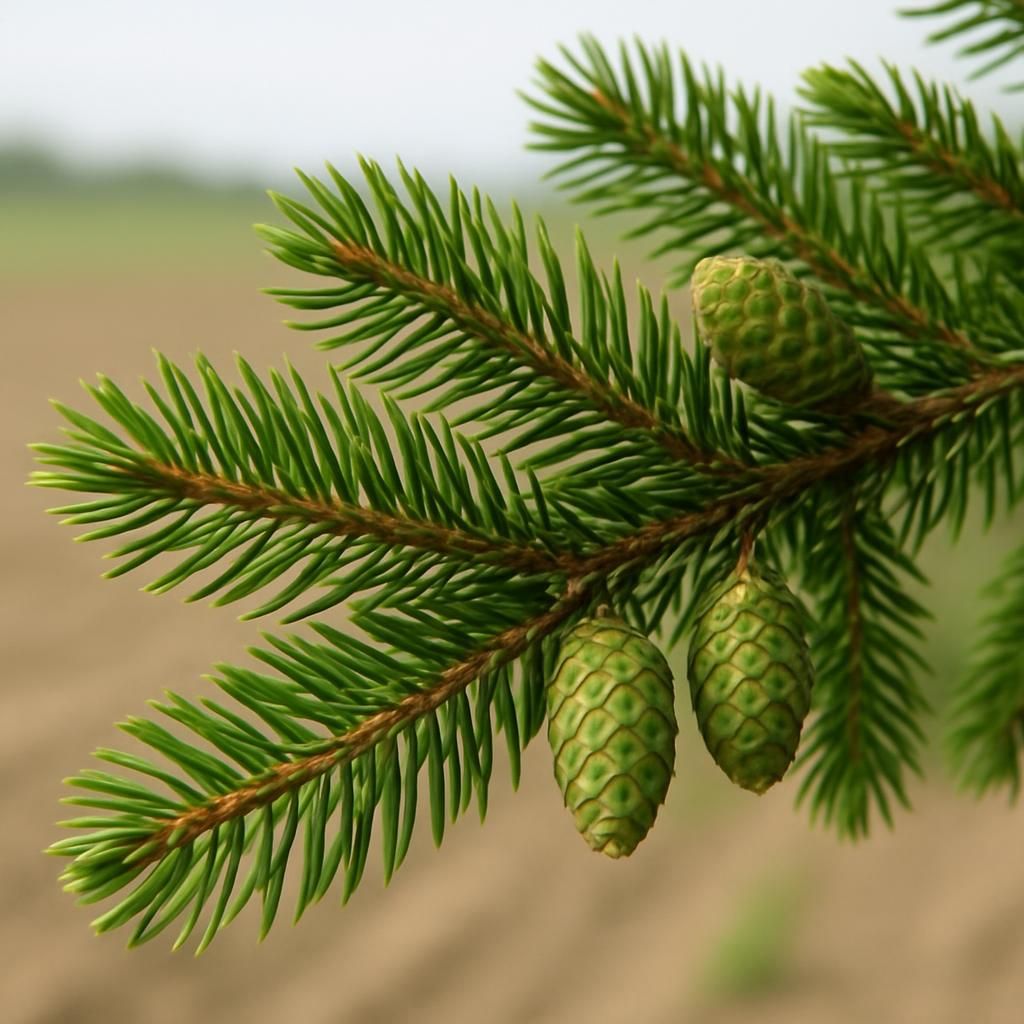 Close-up of vibrant green Picea spruce needles and cones in a commercial plantation setting