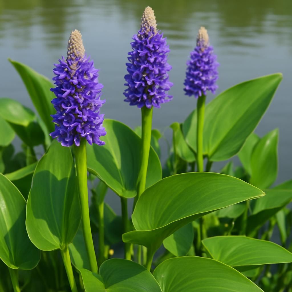 Close-up of pickerelweed Pontederia cordata violet flower spikes and heart-shaped leaves in shallow pond water