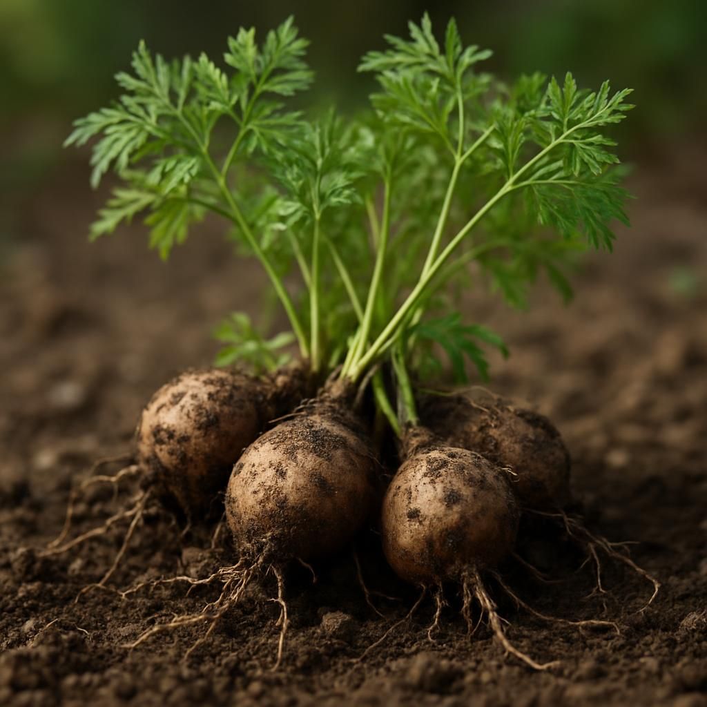 Freshly harvested pignut tubers with fern-like foliage on forest soil