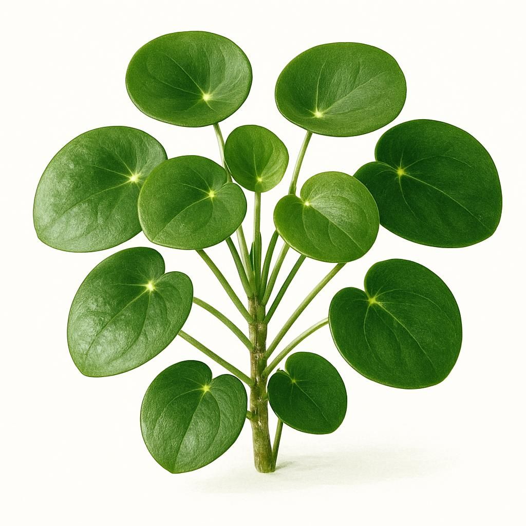 Close-up of vibrant Pilea peperomioides showing round glossy leaves and healthy growth habit