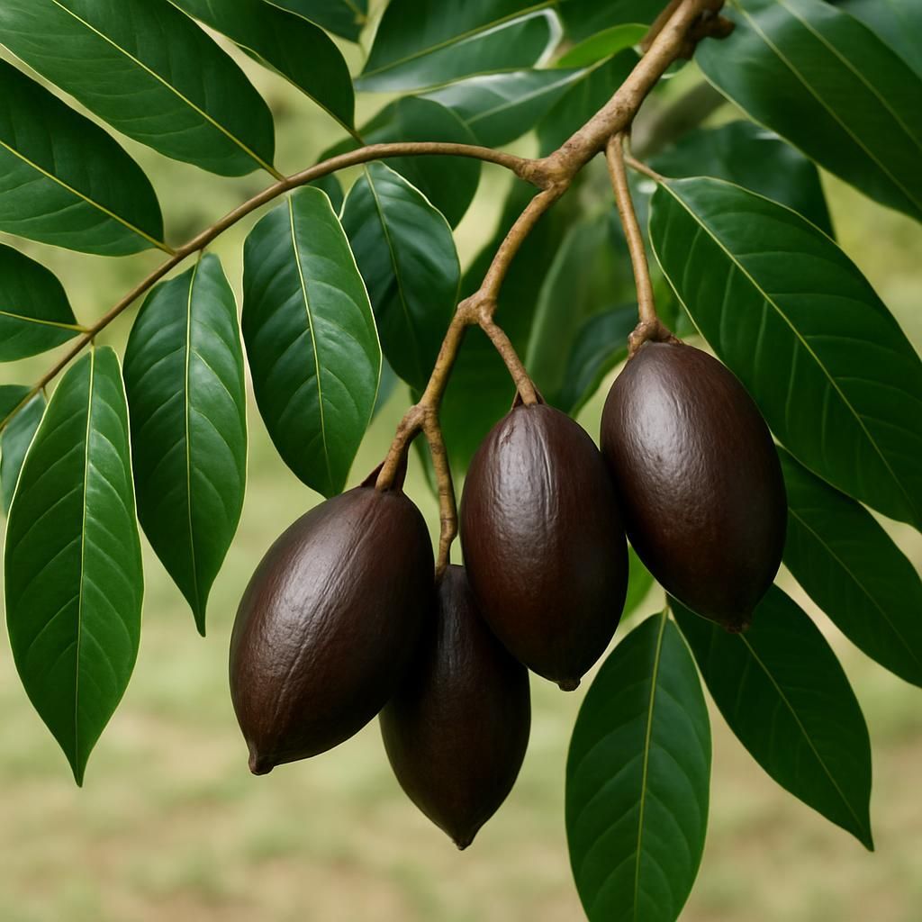 Close-up of mature Pili Nut (Canarium ovatum) cluster on tree showing glossy leaves and dark purple drupes