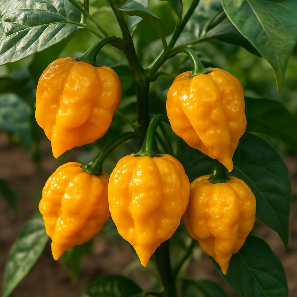 Close-up of ripe Pimenta Bodinha super-hot peppers showing vibrant yellow-orange color and wrinkled texture on the plant