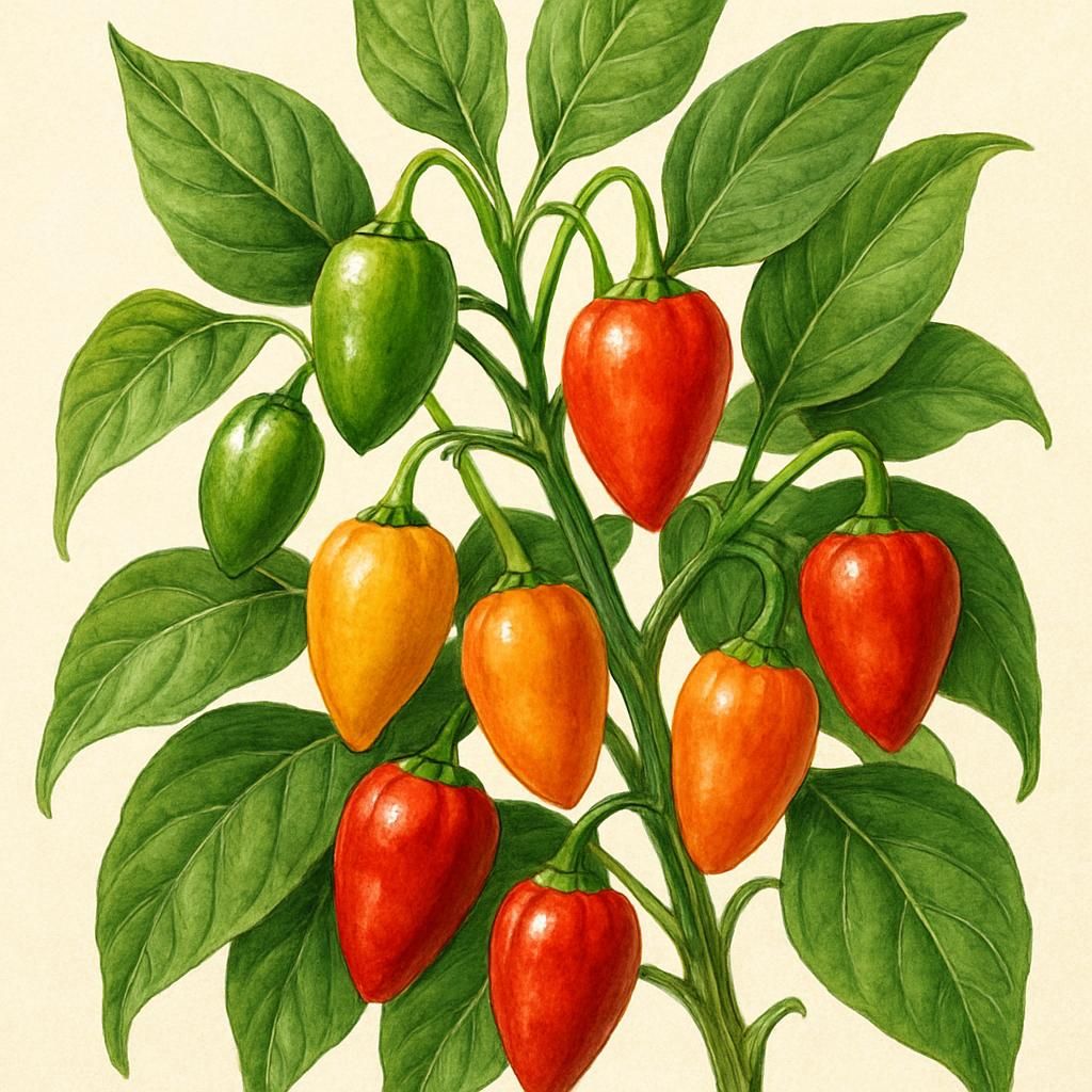 Close-up of Pimenta Comari peppers, showcasing their small size and bright hues.