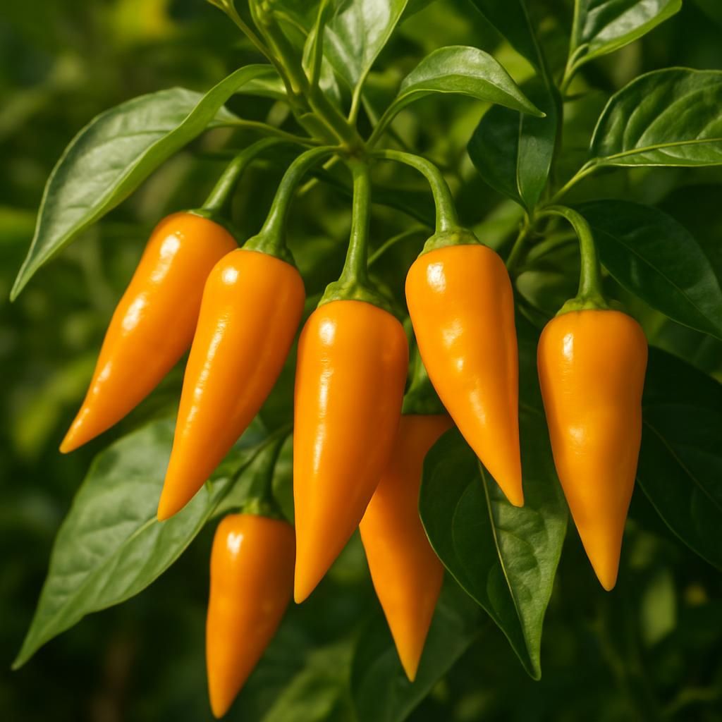 Close-up of fragrant yellow-orange Pimenta de Cheiro chili peppers growing on lush green plant in garden